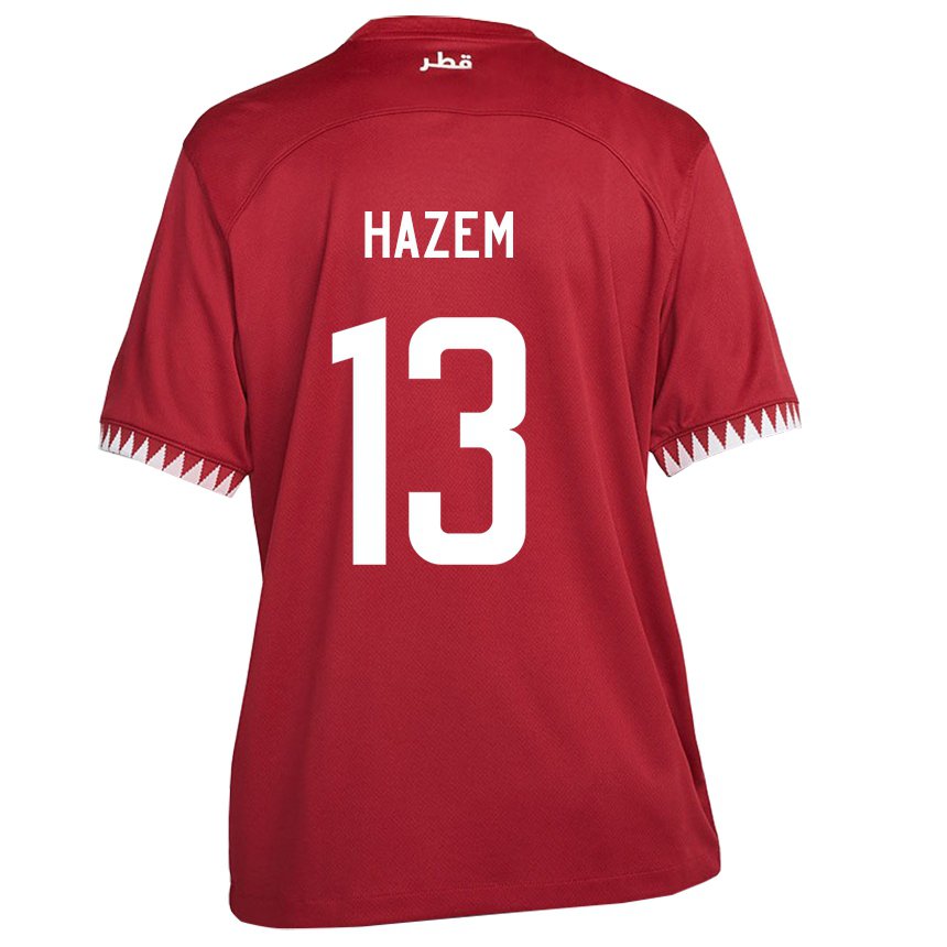 Børn Qatars Hazem Shehata #13 Rødbrun Hjemmebane Spillertrøjer 22-24 Trøje T-shirt