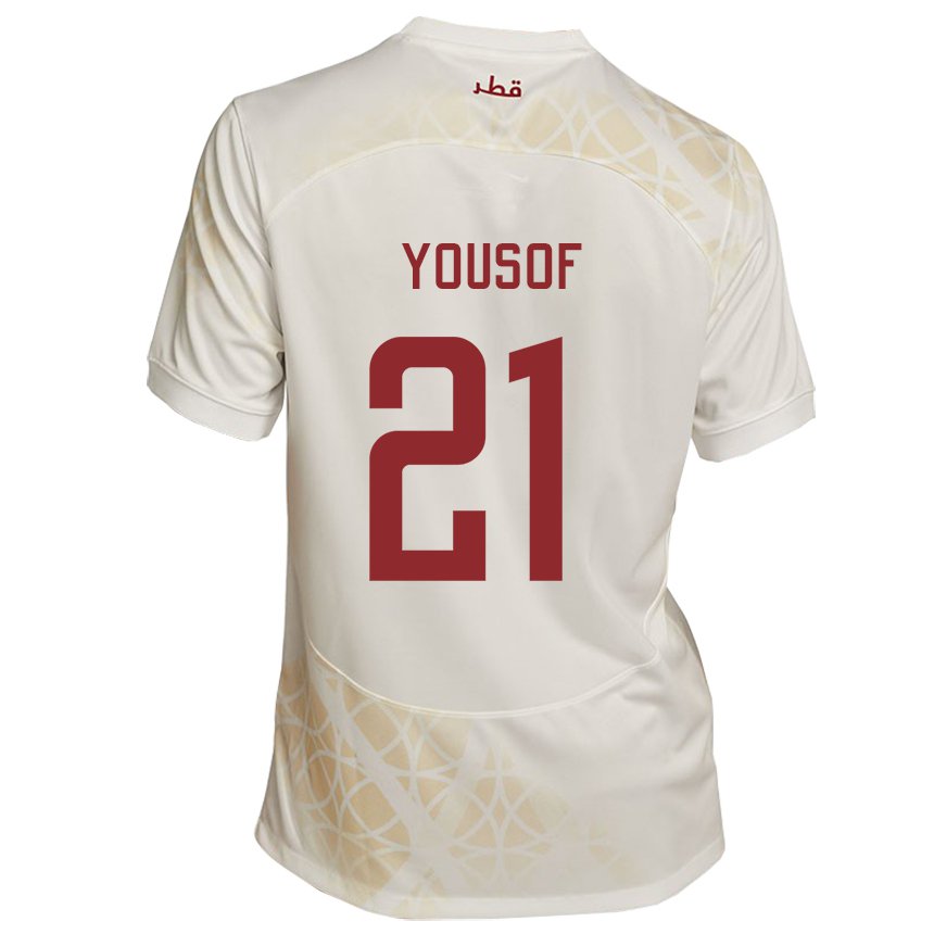 Børn Qatars Yousof Hassan #21 Guld Beige Udebane Spillertrøjer 22-24 Trøje T-shirt