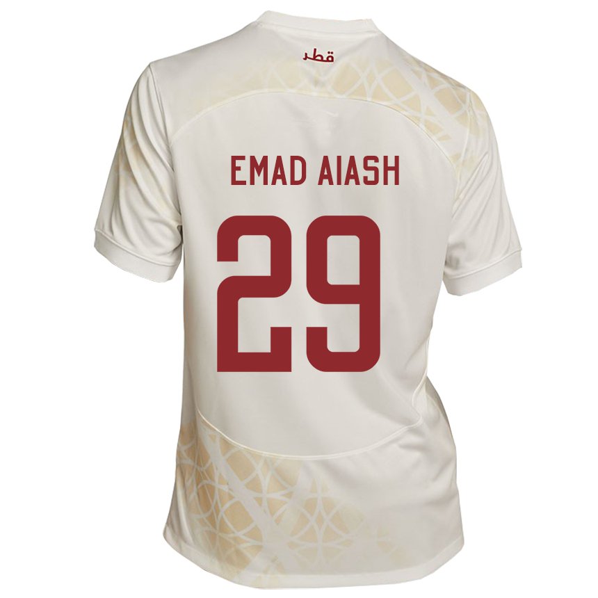 Børn Qatars Mohamed Emad Aiash #29 Guld Beige Udebane Spillertrøjer 22-24 Trøje T-shirt