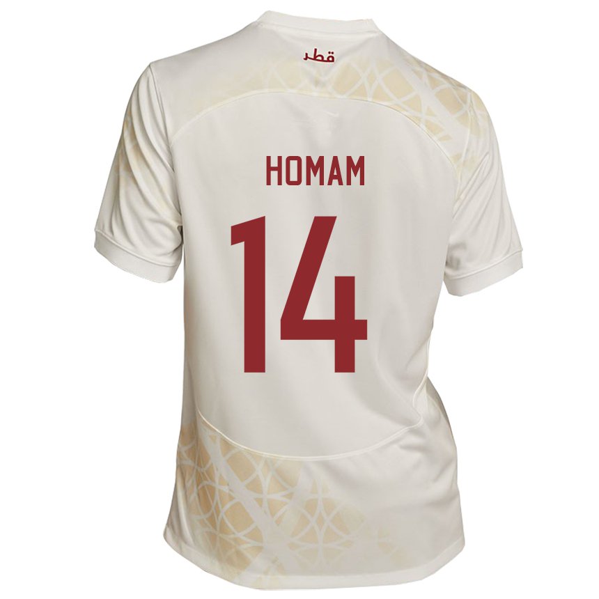 Mænd Qatars Homam Ahmed #14 Guld Beige Udebane Spillertrøjer 22-24 Trøje T-shirt