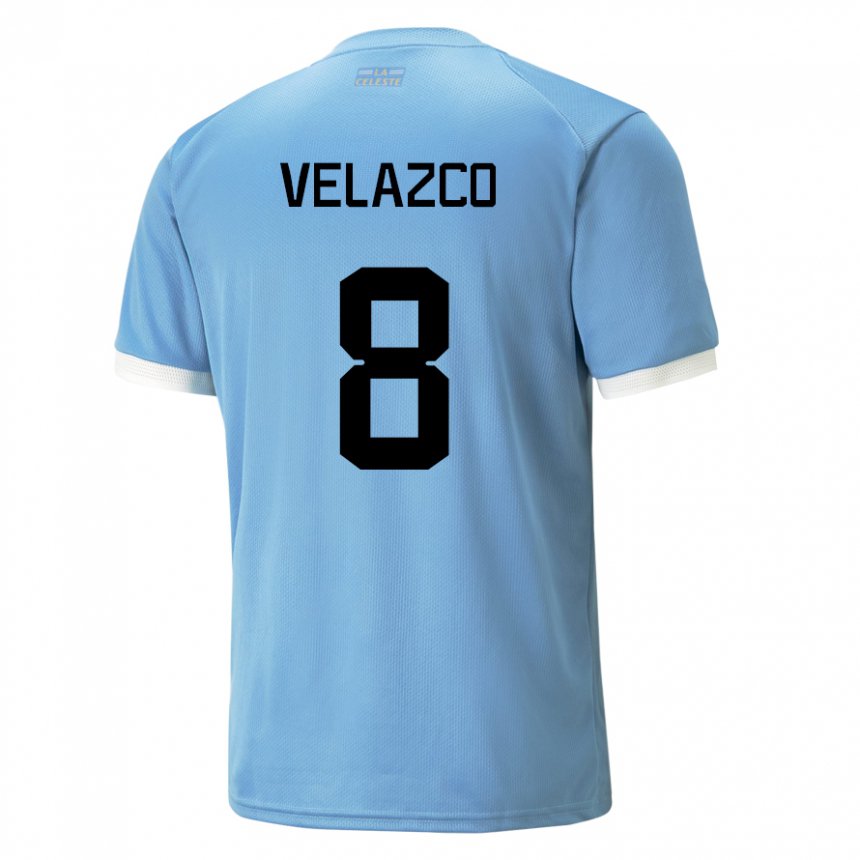 Børn Uruguays Ximena Velazco #8 Blå Hjemmebane Spillertrøjer 22-24 Trøje T-shirt
