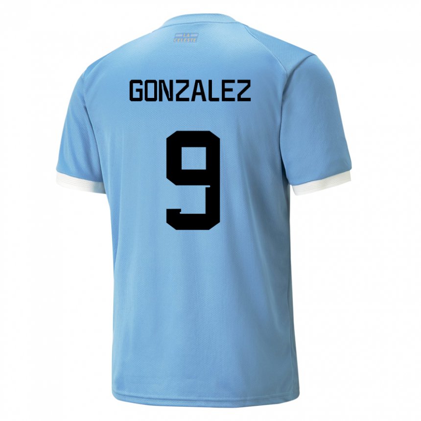 Børn Uruguays Pamela Gonzalez #9 Blå Hjemmebane Spillertrøjer 22-24 Trøje T-shirt