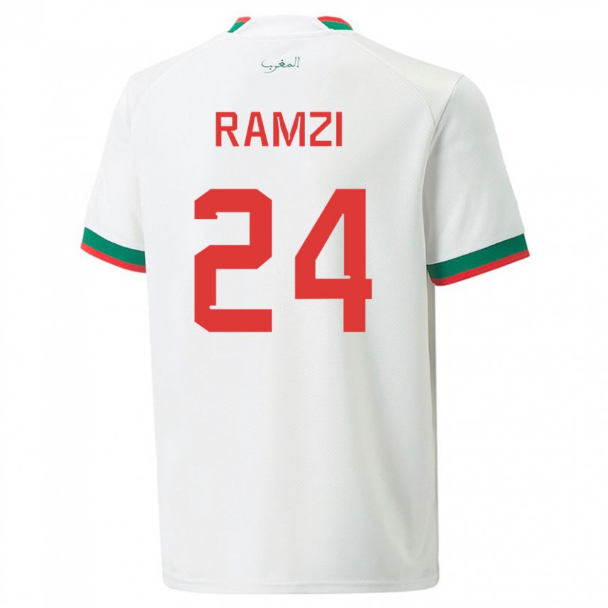 Børn Marokkos Achraf Ramzi #24 Hvid Udebane Spillertrøjer 22-24 Trøje T-shirt