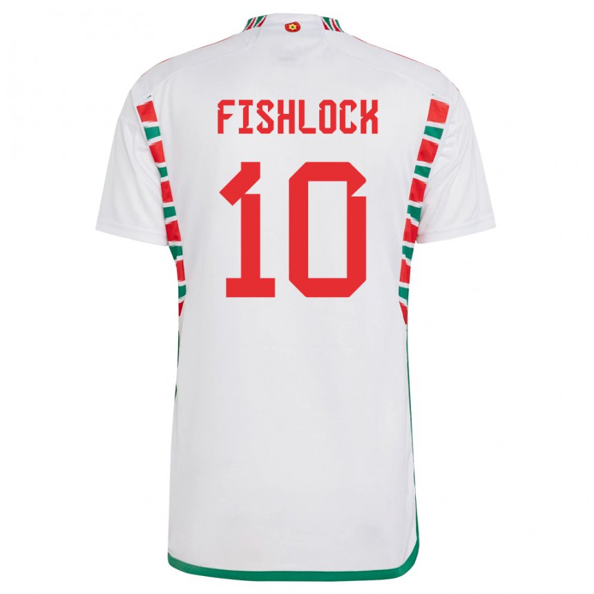Børn Wales Jessica Fishlock #10 Hvid Udebane Spillertrøjer 22-24 Trøje T-shirt