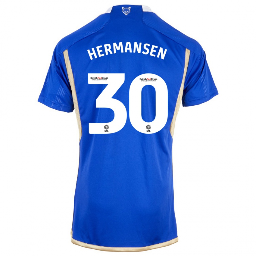 Mænd Mads Hermansen #30 Kongeblå Hjemmebane Spillertrøjer 2023/24 Trøje T-Shirt