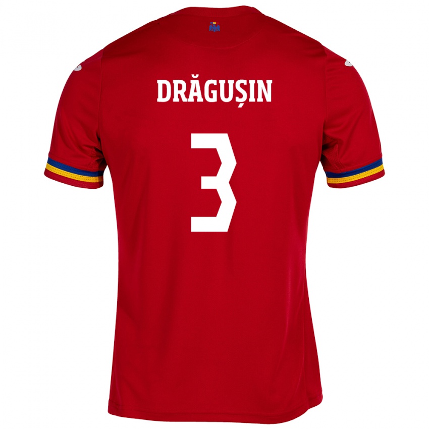 Mænd Rumænien Radu Drăgușin #3 Rød Udebane Spillertrøjer 24-26 Trøje T-Shirt