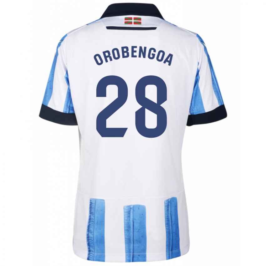 Børn Ekain Orobengoa #28 Blå Hvid Hjemmebane Spillertrøjer 2023/24 Trøje T-Shirt