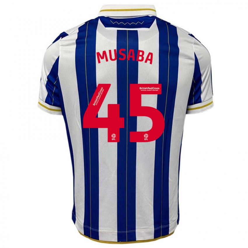 Børn Anthony Musaba #45 Blå Hvid Hjemmebane Spillertrøjer 2023/24 Trøje T-Shirt