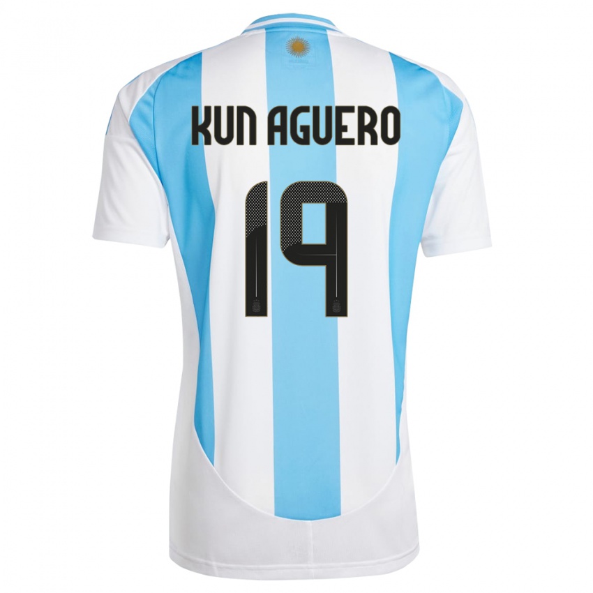 Børn Argentina Sergio Aguero #19 Hvid Blå Hjemmebane Spillertrøjer 24-26 Trøje T-Shirt