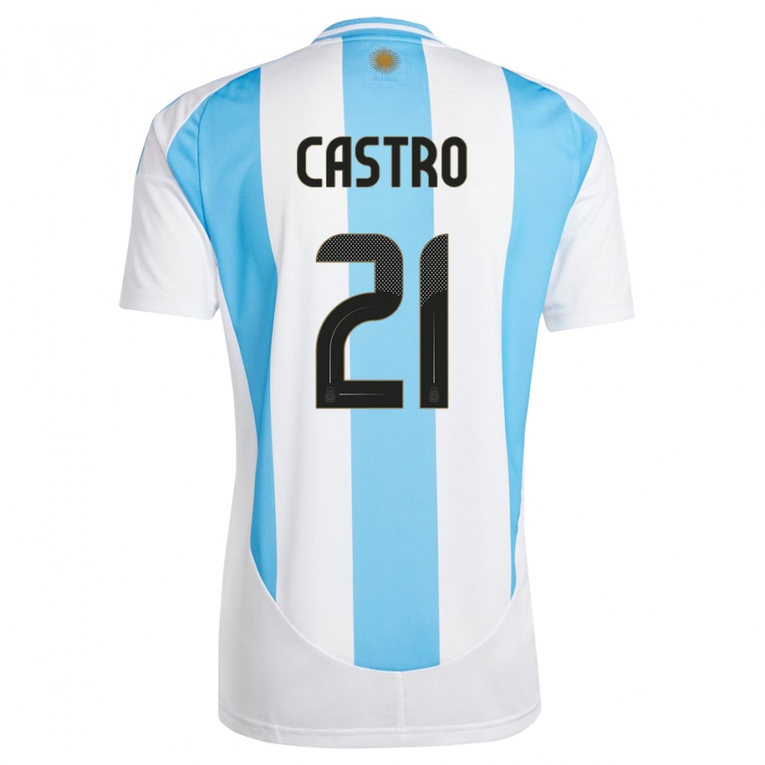 Børn Argentina Santiago Castro #21 Hvid Blå Hjemmebane Spillertrøjer 24-26 Trøje T-Shirt