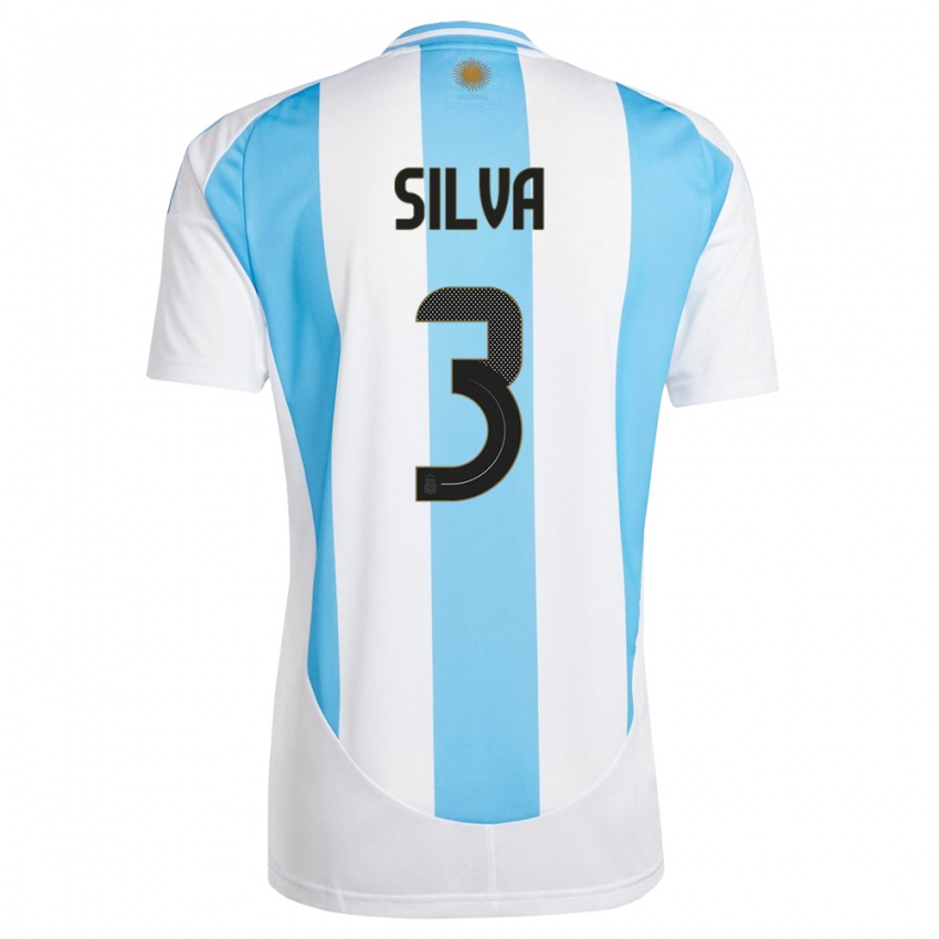 Børn Argentina Tomas Silva #3 Hvid Blå Hjemmebane Spillertrøjer 24-26 Trøje T-Shirt