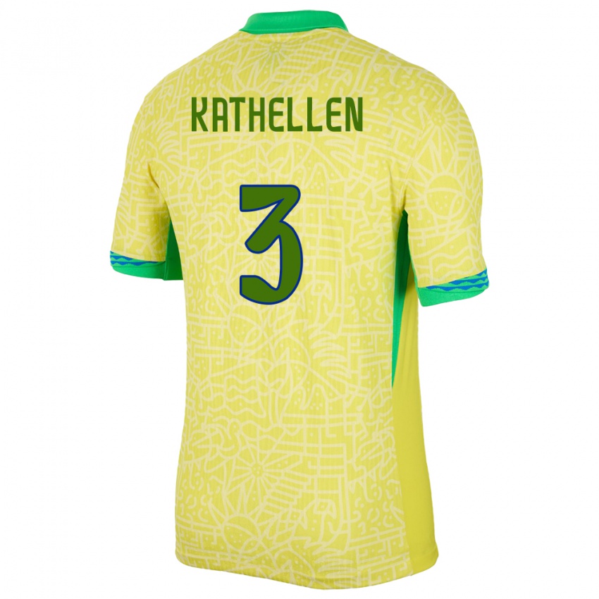 Børn Brasilien Kathellen #3 Gul Hjemmebane Spillertrøjer 24-26 Trøje T-Shirt