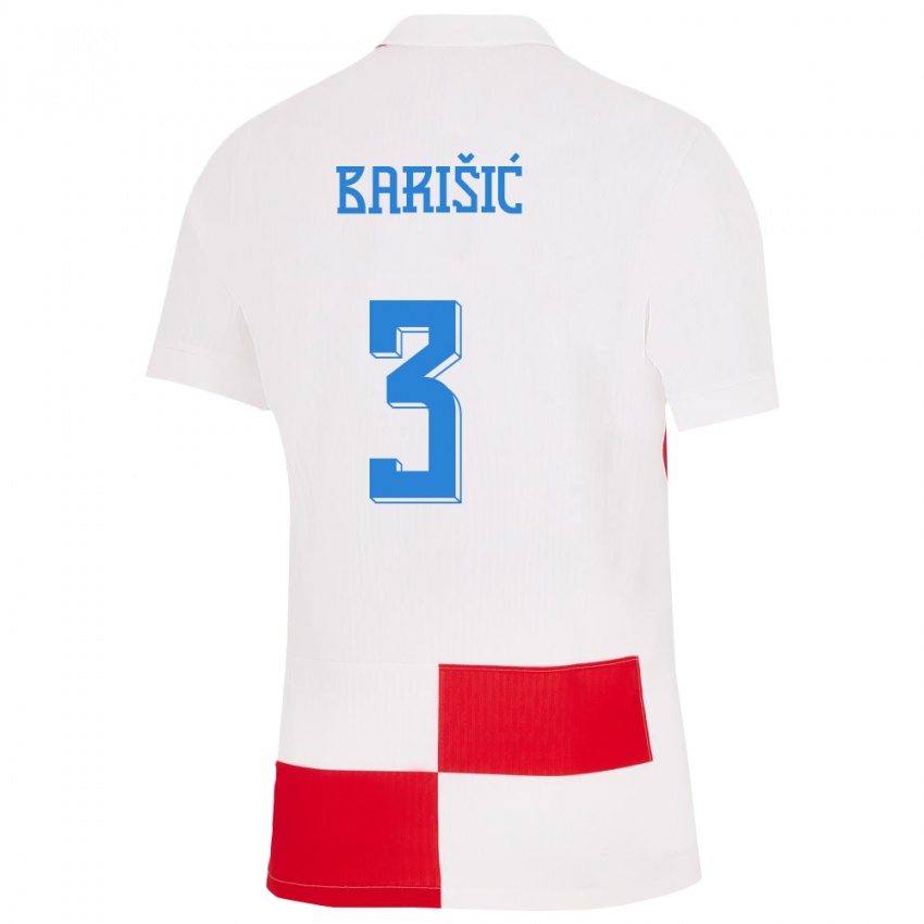 Børn Kroatien Borna Barisic #3 Hvid Rød Hjemmebane Spillertrøjer 24-26 Trøje T-Shirt