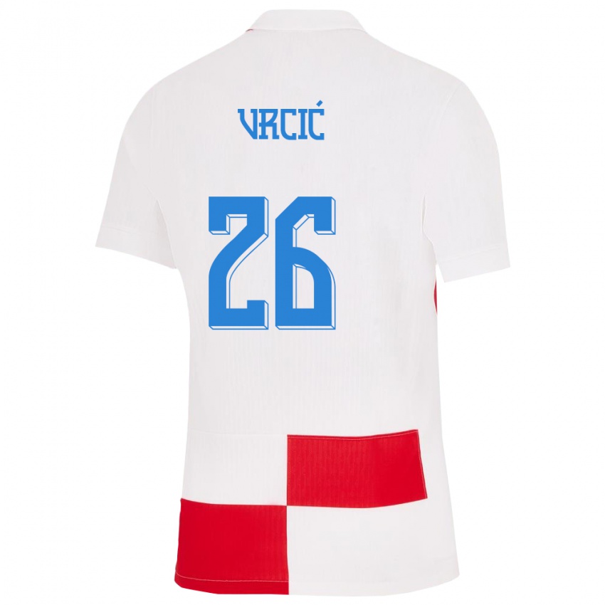 Børn Kroatien Jere Vrcic #26 Hvid Rød Hjemmebane Spillertrøjer 24-26 Trøje T-Shirt