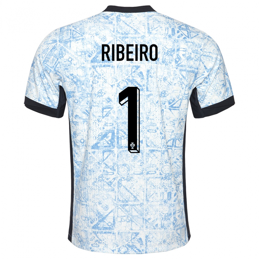 Børn Portugal Goncalo Ribeiro #1 Creme Blå Udebane Spillertrøjer 24-26 Trøje T-Shirt