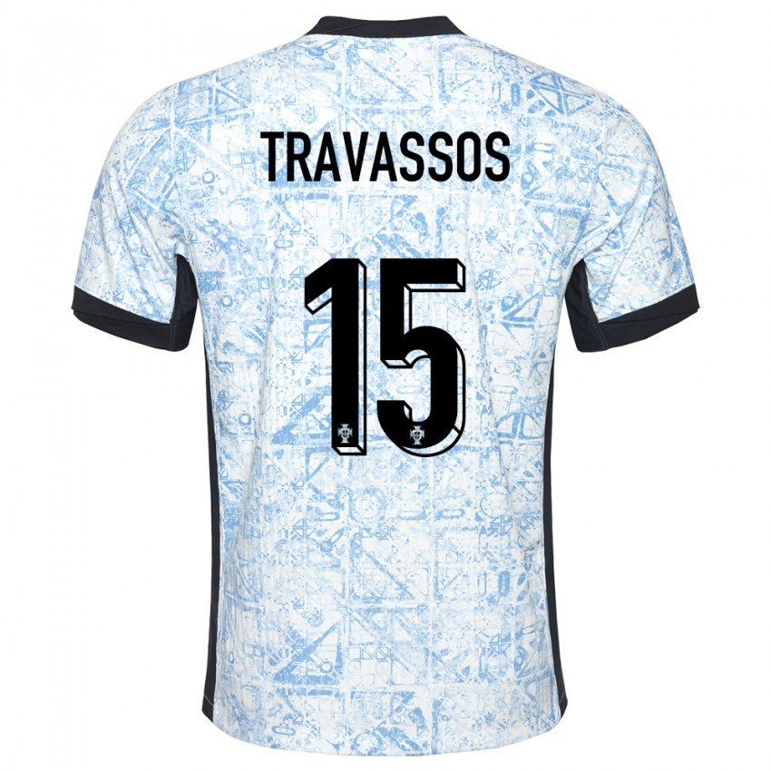 Børn Portugal Diogo Travassos #15 Creme Blå Udebane Spillertrøjer 24-26 Trøje T-Shirt