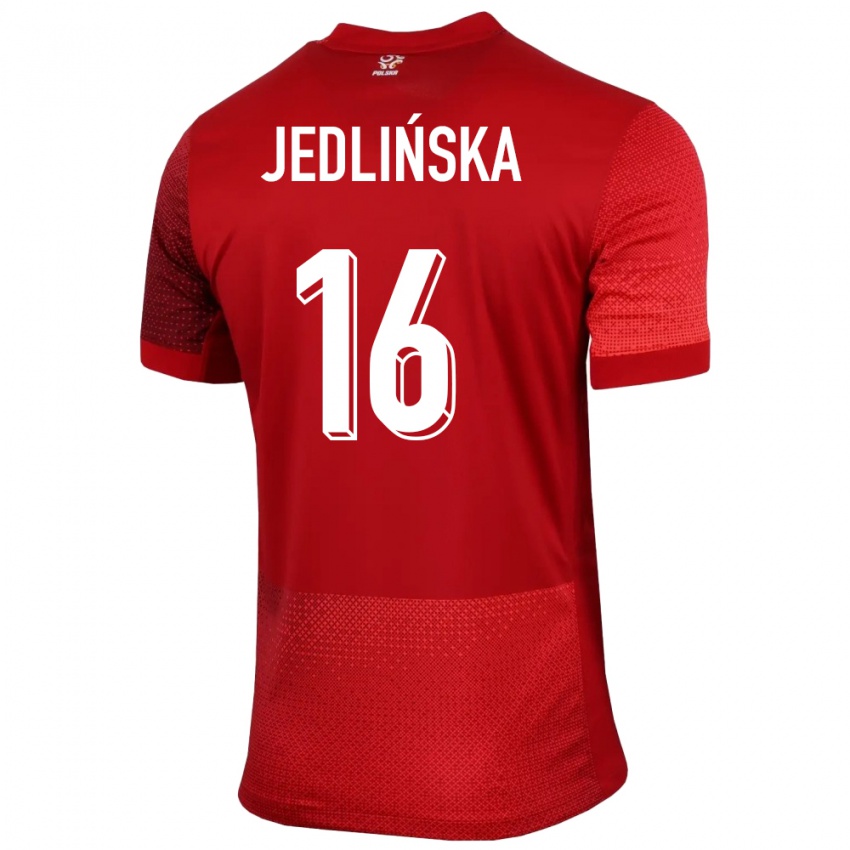 Børn Polen Klaudia Jedlinska #16 Rød Udebane Spillertrøjer 24-26 Trøje T-Shirt