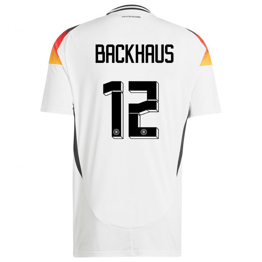 Mænd Tyskland Mio Backhaus #12 Hvid Hjemmebane Spillertrøjer 24-26 Trøje T-Shirt