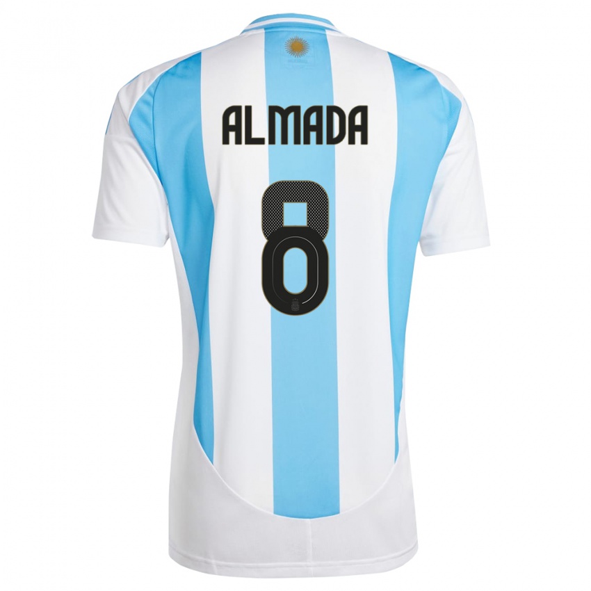 Mænd Argentina Thiago Almada #8 Hvid Blå Hjemmebane Spillertrøjer 24-26 Trøje T-Shirt