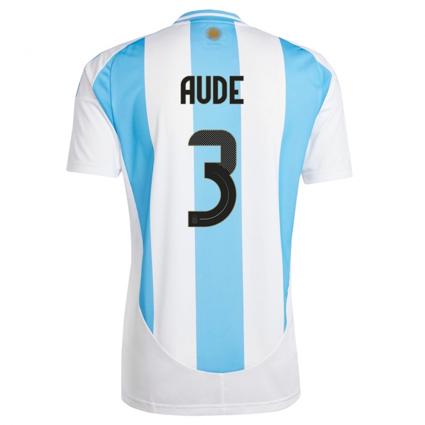 Mænd Argentina Julian Aude #3 Hvid Blå Hjemmebane Spillertrøjer 24-26 Trøje T-Shirt