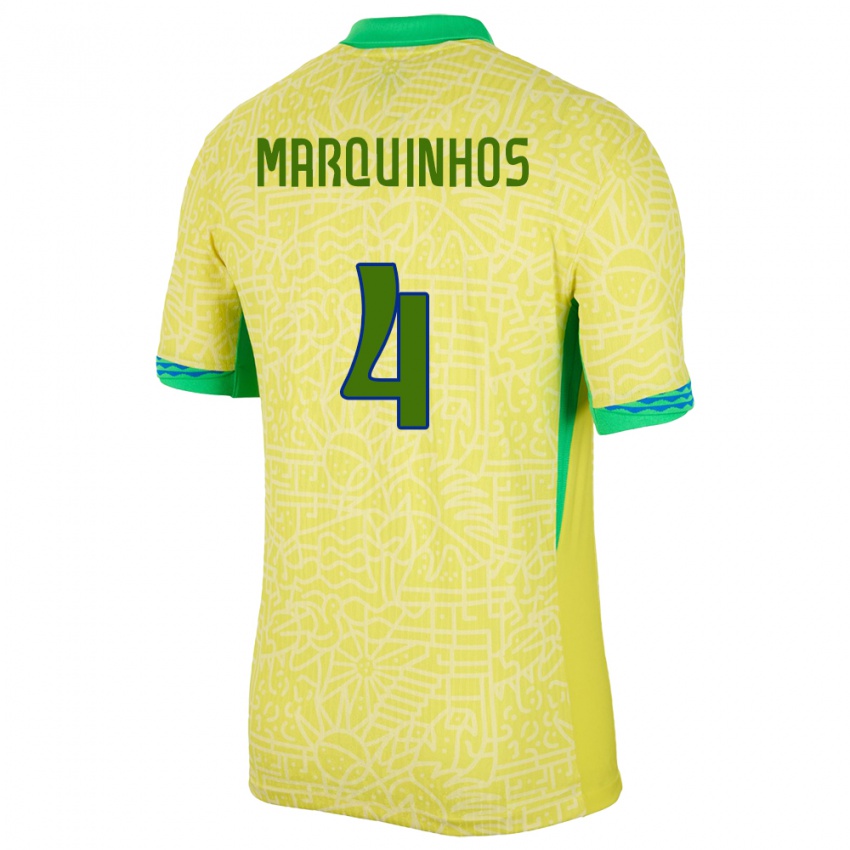 Mænd Brasilien Marquinhos #4 Gul Hjemmebane Spillertrøjer 24-26 Trøje T-Shirt