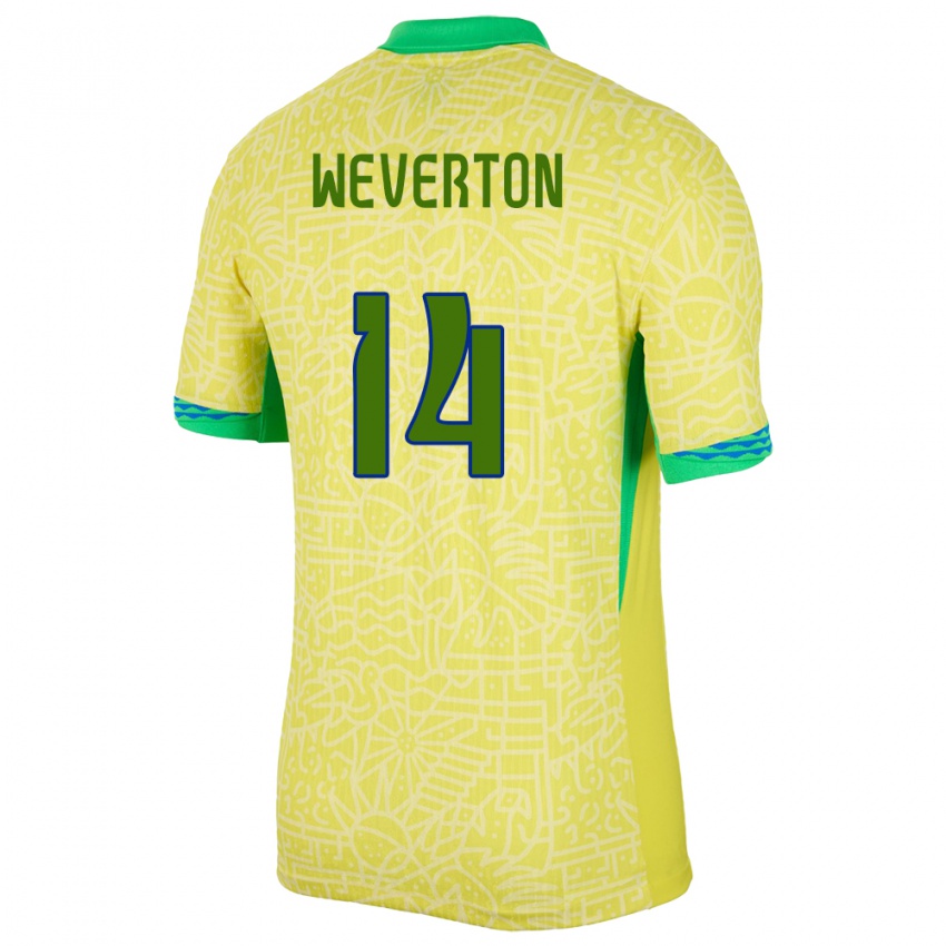 Kvinder Brasilien Weverton #14 Gul Hjemmebane Spillertrøjer 24-26 Trøje T-Shirt