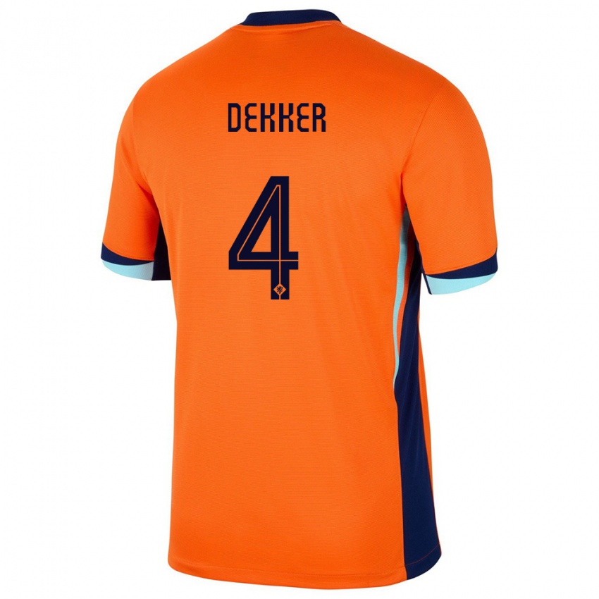 Kvinder Holland Maxim Dekker #4 Orange Hjemmebane Spillertrøjer 24-26 Trøje T-Shirt