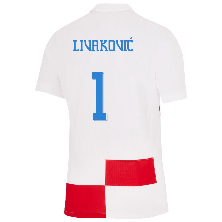 Kvinder Kroatien Dominik Livakovic #1 Hvid Rød Hjemmebane Spillertrøjer 24-26 Trøje T-Shirt