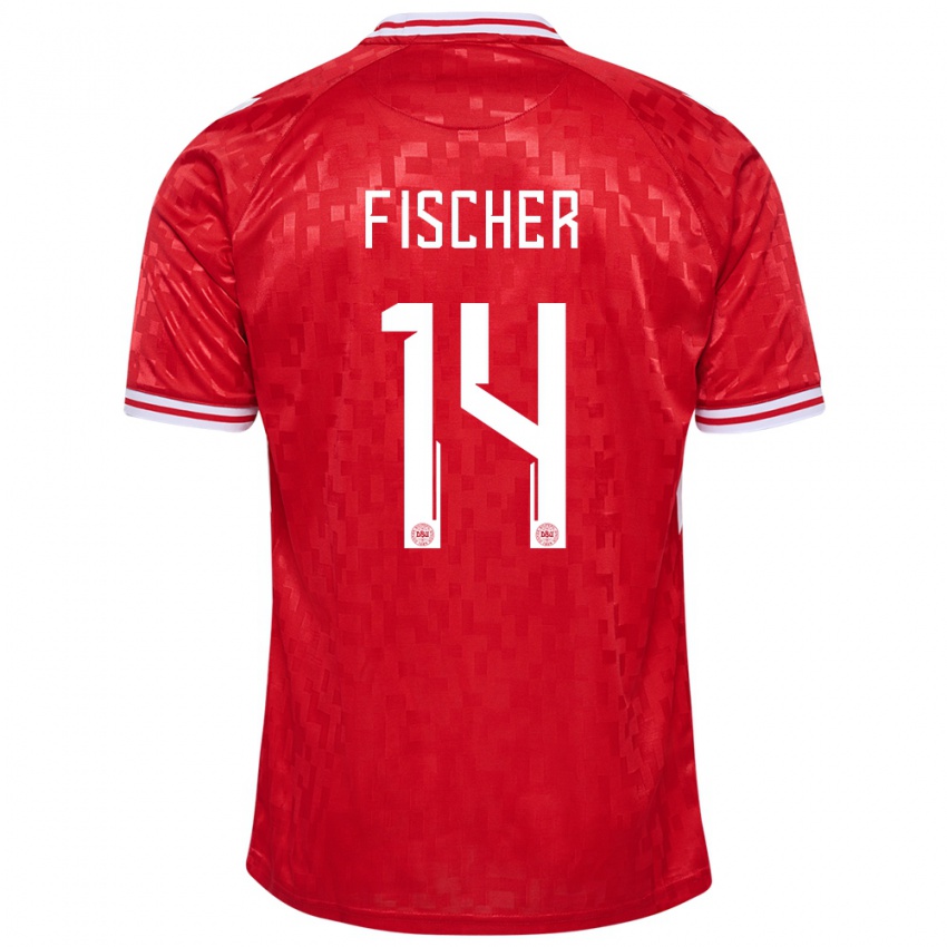 Kvinder Danmark Mikkel Fischer #14 Rød Hjemmebane Spillertrøjer 24-26 Trøje T-Shirt