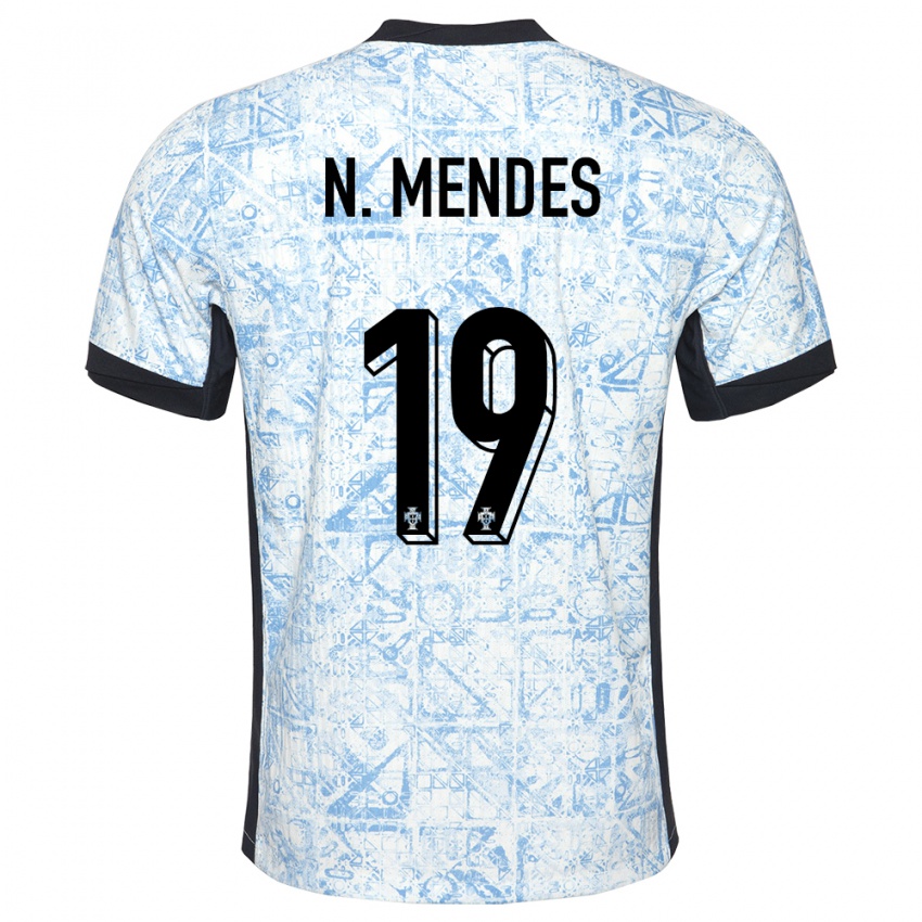 Kvinder Portugal Nuno Mendes #19 Creme Blå Udebane Spillertrøjer 24-26 Trøje T-Shirt