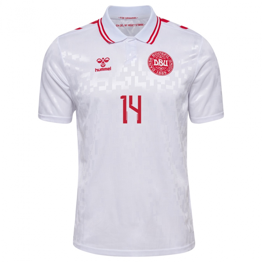 Kvinder Danmark Mikkel Damsgaard #14 Hvid Udebane Spillertrøjer 24-26 Trøje T-Shirt