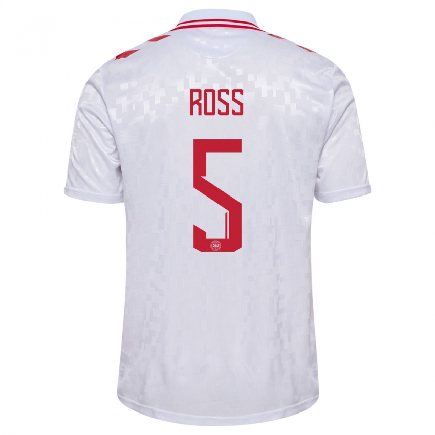 Kvinder Danmark Mathias Ross #5 Hvid Udebane Spillertrøjer 24-26 Trøje T-Shirt