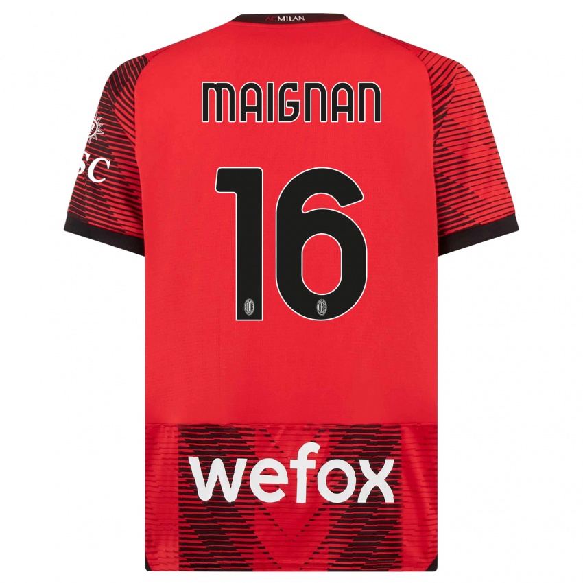 Børn Mike Maignan #16 Rød Sort Hjemmebane Spillertrøjer 2023/24 Trøje T-Shirt