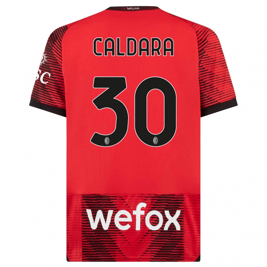 Børn Mattia Caldara #30 Rød Sort Hjemmebane Spillertrøjer 2023/24 Trøje T-Shirt