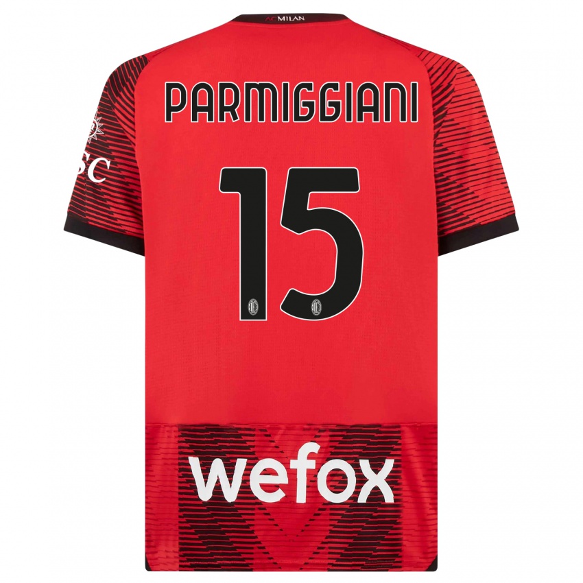 Børn Pietro Parmiggiani #15 Rød Sort Hjemmebane Spillertrøjer 2023/24 Trøje T-Shirt