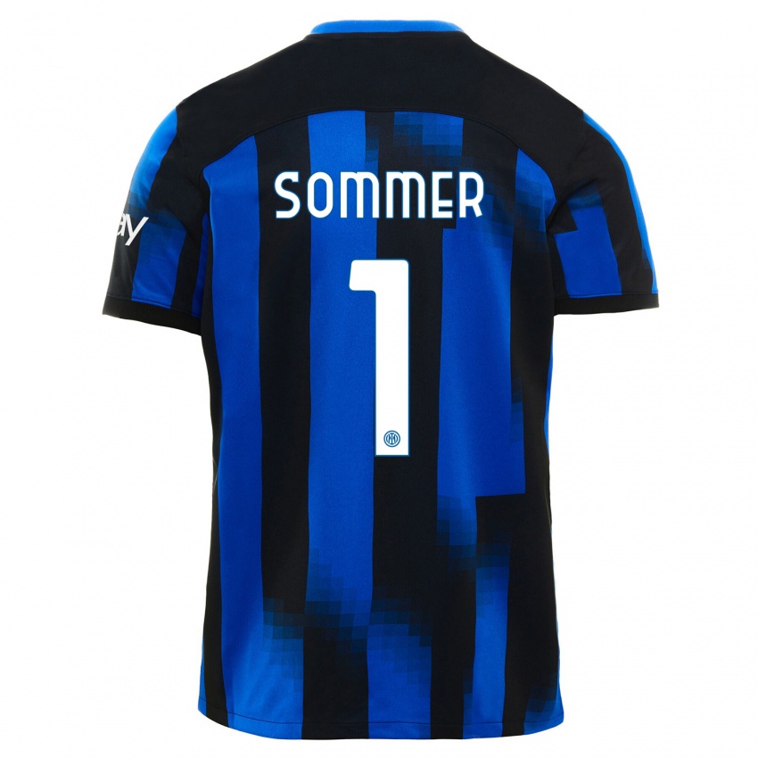 Børn Yann Sommer #1 Sort Blå Hjemmebane Spillertrøjer 2023/24 Trøje T-Shirt