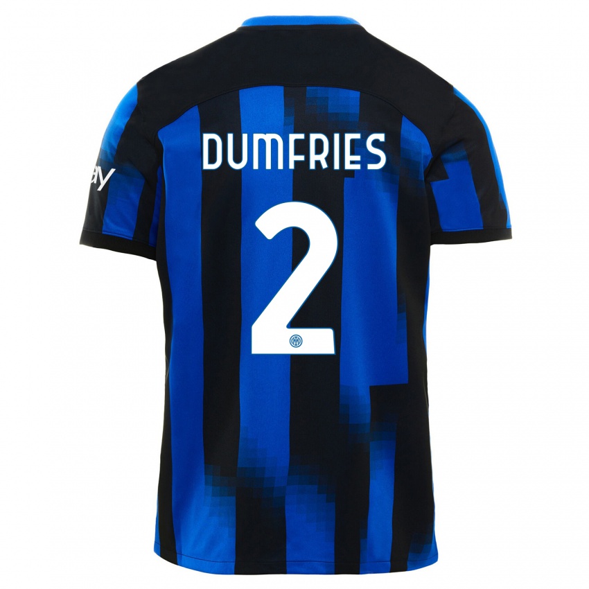 Børn Denzel Dumfries #2 Sort Blå Hjemmebane Spillertrøjer 2023/24 Trøje T-Shirt