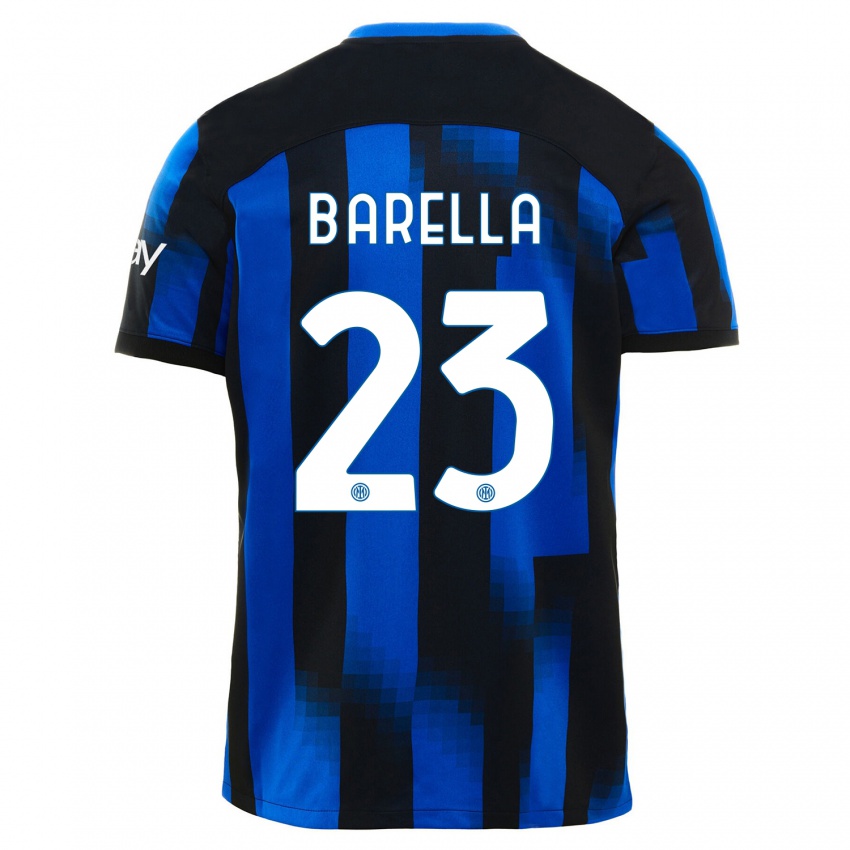 Børn Nicolo Barella #23 Sort Blå Hjemmebane Spillertrøjer 2023/24 Trøje T-Shirt