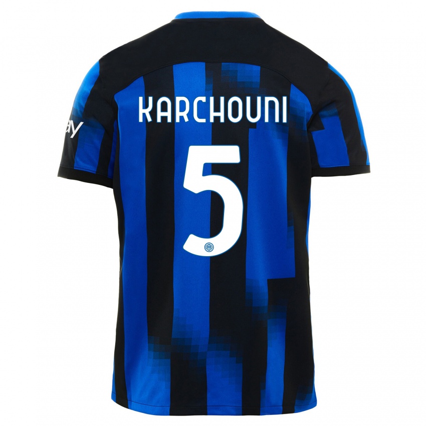 Børn Ghoutia Karchouni #5 Sort Blå Hjemmebane Spillertrøjer 2023/24 Trøje T-Shirt