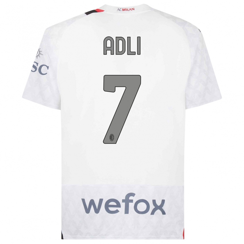 Børn Yacine Adli #7 Hvid Udebane Spillertrøjer 2023/24 Trøje T-Shirt