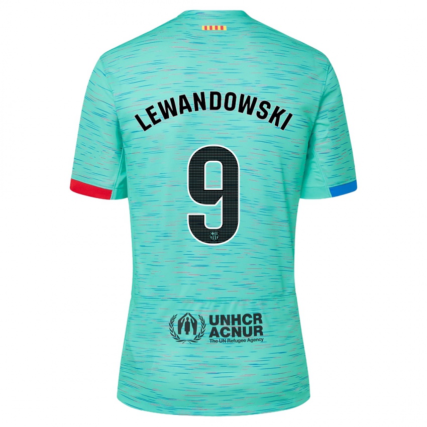 Børn Robert Lewandowski #9 Lys Aqua Tredje Sæt Spillertrøjer 2023/24 Trøje T-Shirt