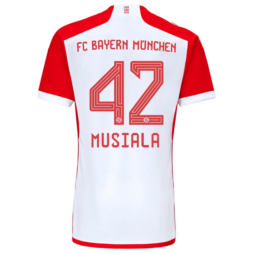 Mænd Jamal Musiala #42 Rød Hvid Hjemmebane Spillertrøjer 2023/24 Trøje T-Shirt