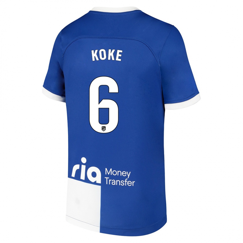 Mænd Koke #6 Blå Hvid Udebane Spillertrøjer 2023/24 Trøje T-Shirt
