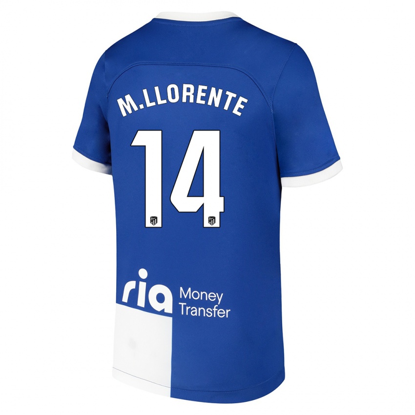 Mænd Marcos Llorente #14 Blå Hvid Udebane Spillertrøjer 2023/24 Trøje T-Shirt