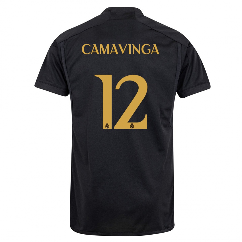 Kvinder Eduardo Camavinga #12 Sort Tredje Sæt Spillertrøjer 2023/24 Trøje T-Shirt
